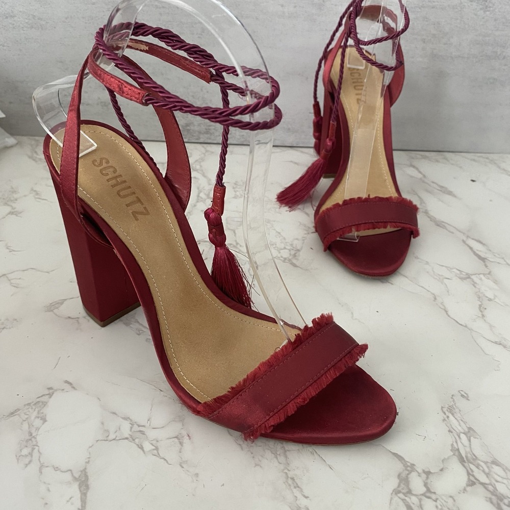 Free People x Schutz Satin Primm Sandal Sz 9.5 Red Satin‎ Block Heel Ankle Tie